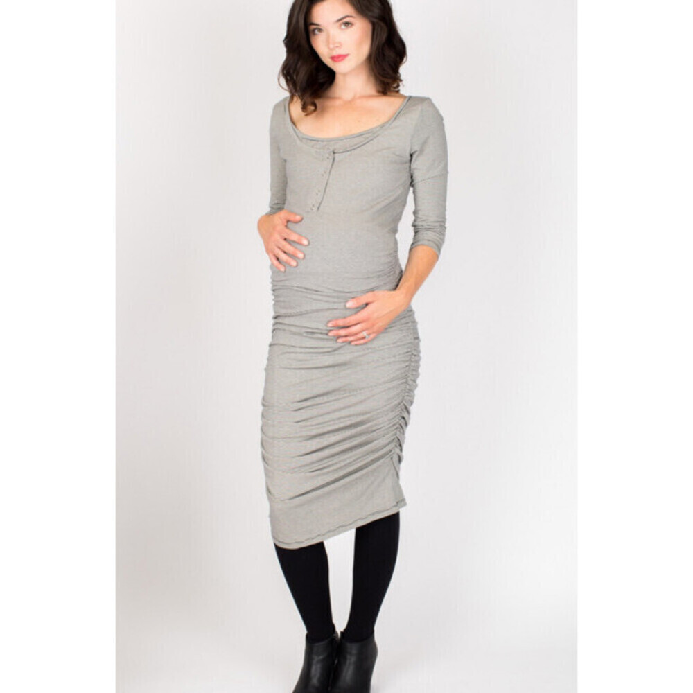 NOM Maternity 3/4 Sleeve Snap Dress In Grey Charcoal Microstripe Size M